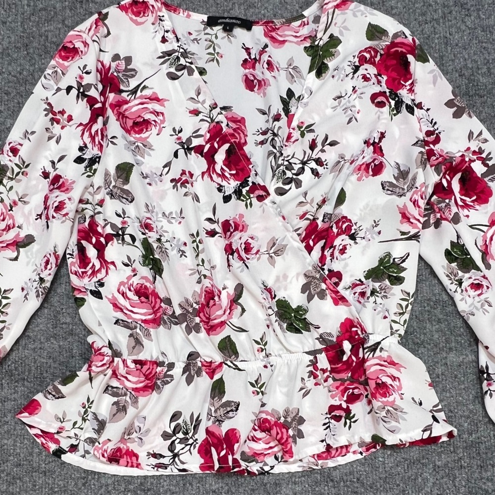 Ambiance Peplum Blouse Womens Large White Pink Floral Surplice Ruffle Cuff Top - Picture 3 of 9